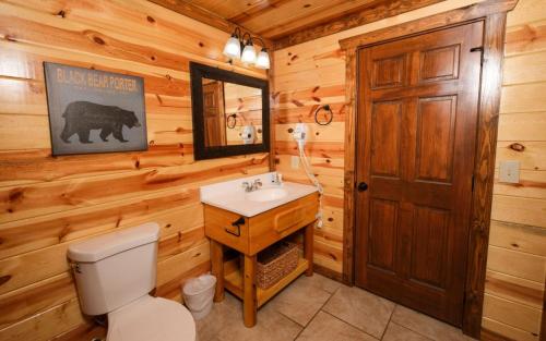 a bathroom with a toilet and a sink in a log cabin at Dip in the Smokies in Gatlinburg