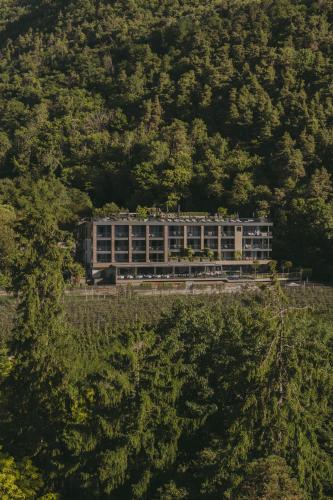 a building in the middle of a hill with trees at Avidea - Adults Only in Lagundo