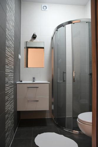 a bathroom with a shower and a sink at Pokoje gościnne GRYF in Rewal