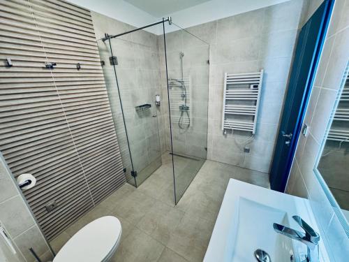 a bathroom with a shower and a toilet and a sink at Duna Corner Panzió in Verőce