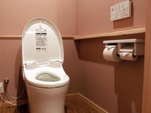 a bathroom with a toilet with the lid up at Yamagataya in Gero