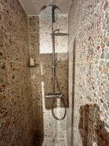 a shower in a bathroom with a stone wall at Hanna's Home in Kitzbühel