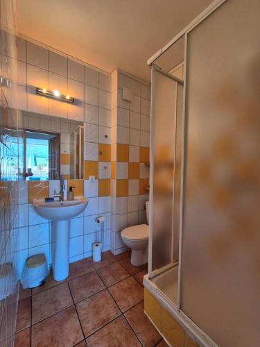 a bathroom with a sink and a toilet at Kokosek Pokoje Gościnne in Mielno