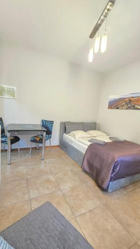 a bedroom with a bed and a desk and a table at Józefina Apartament's blisko centrum in Szklarska Poręba