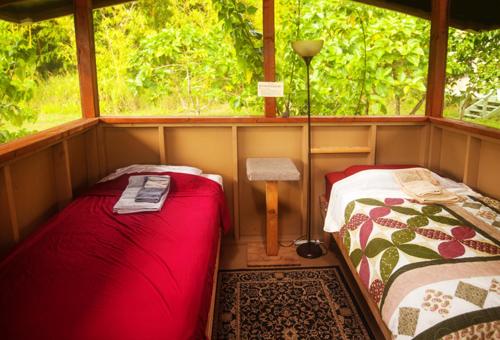 a small room with two beds and a window at Kirpal Meditation and Ecological Center in Pahoa