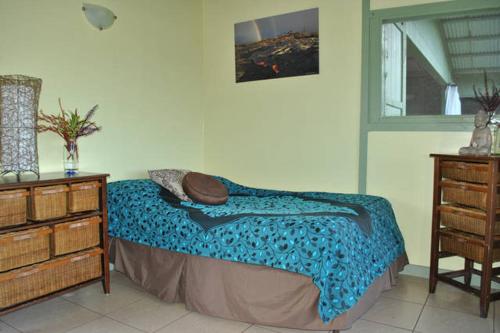 a bedroom with a bed and a dresser and a window at Kirpal Meditation and Ecological Center in Pahoa