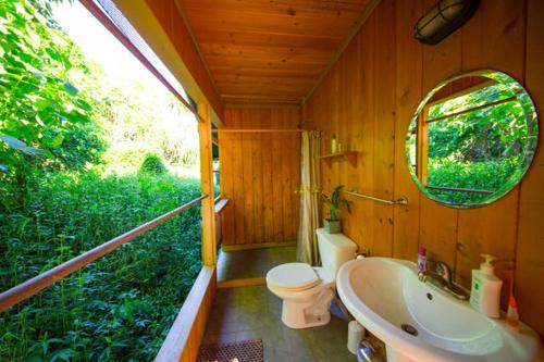 a bathroom with a toilet and a sink and a mirror at Kirpal Meditation and Ecological Center in Pahoa