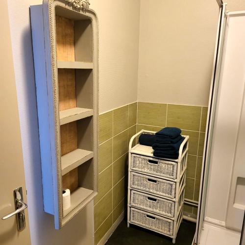 a bathroom with green tiled walls and a towel rack at Le Figuier, Appartement centre d'Etretat avec balcon in Étretat