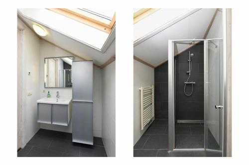deux images d'une salle de bain avec douche et lavabo dans l'établissement The Black House - Luxurious Holiday Villa Zeewolde, à Zeewolde