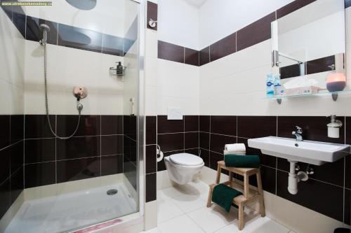 a bathroom with a toilet and a sink and a shower at Penzion a wellness U Třeboňské madony in Třeboň
