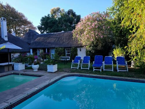 una casa con una piscina con sillas azules en Meyerhof, en Ciudad del Cabo
