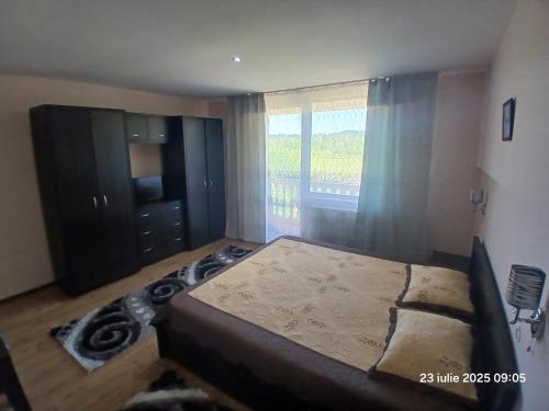 a bedroom with a large bed and a window at Casa David in Sighetu Marmaţiei
