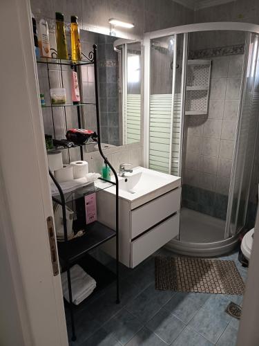 a bathroom with a sink and a shower at Chéz Vasŏ ** leisure maisonette** in Kassandria