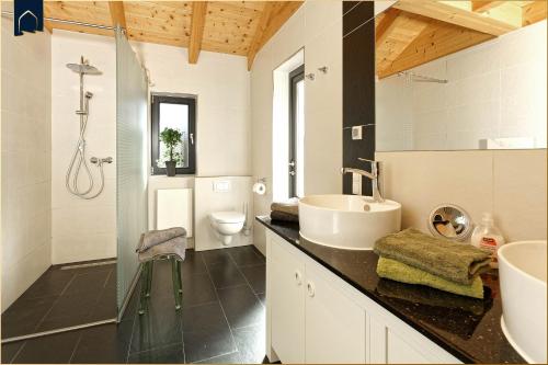 a bathroom with a sink and a shower and a toilet at Ferienhaus Villa Riesling in Zempin