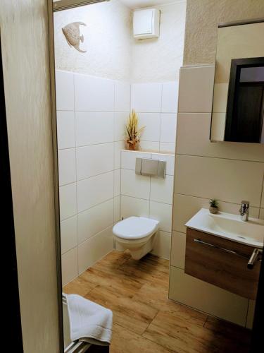 a small bathroom with a toilet and a sink at Weisser Brunnen in Gotha
