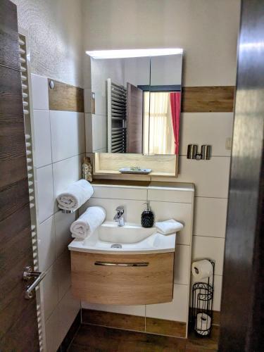 a bathroom with a sink and a mirror at Weisser Brunnen in Gotha