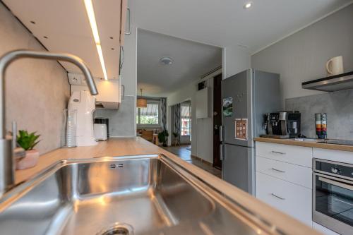 a kitchen with a stainless steel sink and appliances at Le Fernand - Campus - Parking in Saint-Martin-dʼHères