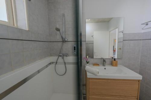 a bathroom with a shower and a sink and a tub at Le Fernand - Campus - Parking in Saint-Martin-dʼHères