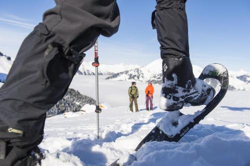 a person standing in the snow with a snowboard at Ferienwohnung Löwenblick in Thüringerberg