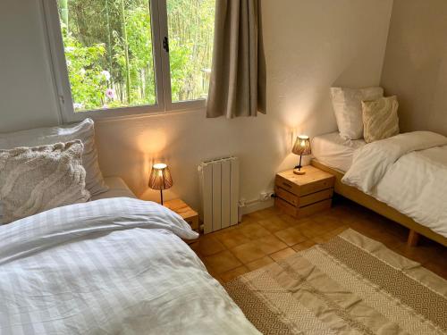 una camera da letto con due letti e una finestra di Voilà Le Logat - Chambres & Gîtes a Sainte-Gemme