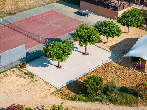 an overhead view of a tennis court with three trees at Hotel Les Ambres in Roussillon