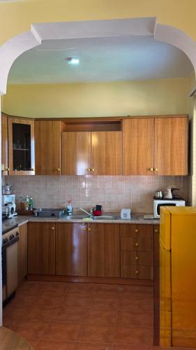 a large kitchen with wooden cabinets and a microwave at Arka Hostel in Shkodër
