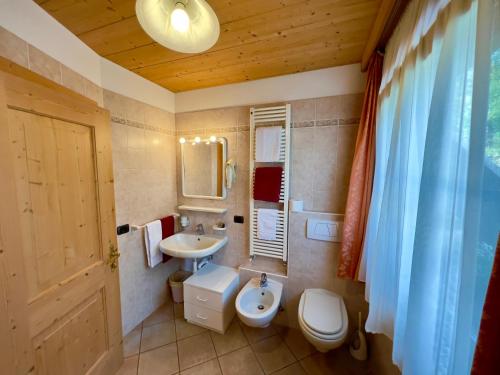 a bathroom with a sink and a toilet and a mirror at Bait Ables in Livigno