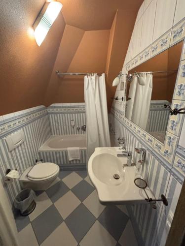 a bathroom with a sink and a toilet at Hotel Pałacyk Konin in Konin