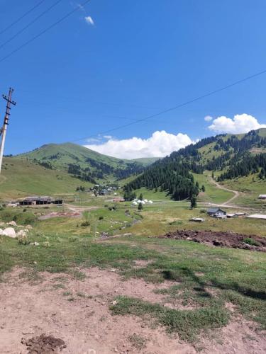 a view of a field with mountains in the background at Syrgak in Dzhergalan