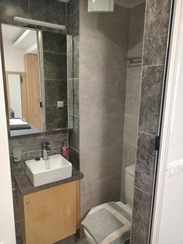 a bathroom with a sink and a toilet and a mirror at Inatos Paradise studio 1 in Tsoútsouros