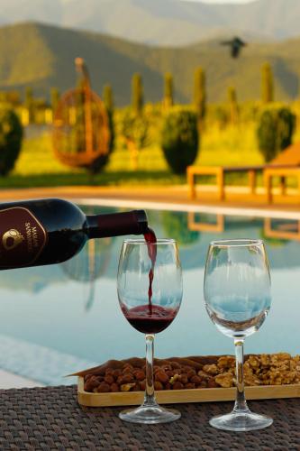 a bottle of wine being poured into two wine glasses at Hotel Marani Sanavardo 