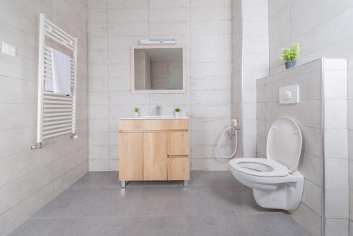 a white bathroom with a toilet and a sink at Appartement Charmant à Hydra in Hydra