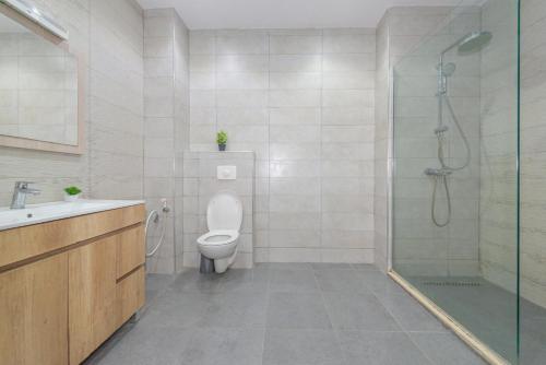 a bathroom with a toilet and a glass shower at Appartement Charmant à Hydra in Hydra