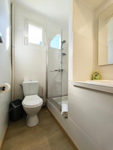 une salle de bain avec toilettes et douche en verre dans l'établissement Villa 15 pers - Jardin Arbore - Calme - Parking, à Pau