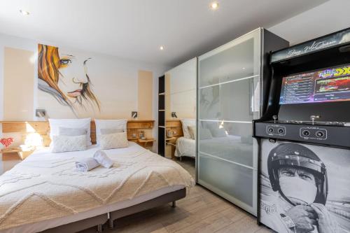 a bedroom with a bed and a flat screen tv at Gites Spa Strasbourg - Appartement in Furdenheim