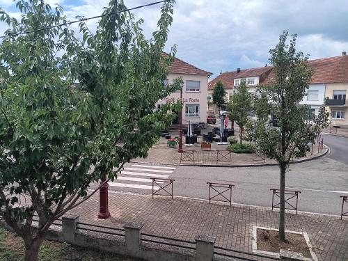 an empty street with two trees in a town at Maison d hote avec diner in Sarralbe