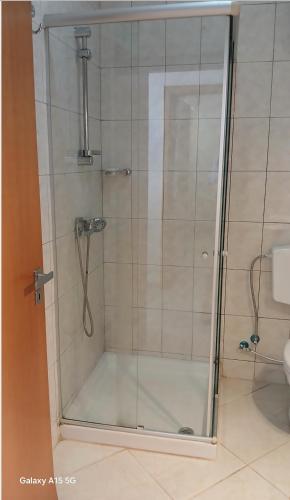 a shower with a glass door in a bathroom at Pandora Ocena View II in Sal Rei