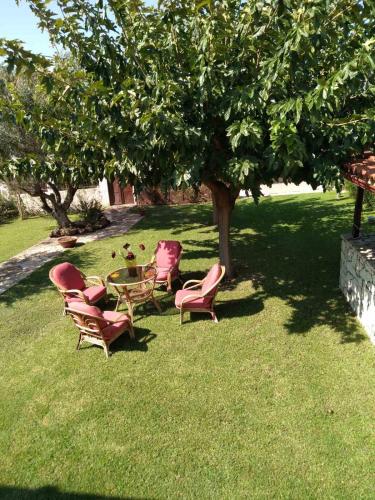 a group of chairs and a table under a tree at Spiti Loggos in Lóngos