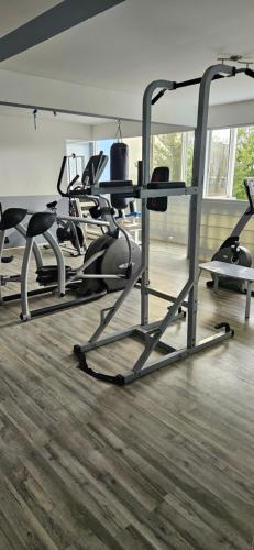 a gym with treadmills and ellipticals in a room at RESIDENCE DreamS PARADISE STUDIOS APPARTEMENT ET SUITE BAIGNOIRE in Le Diamant