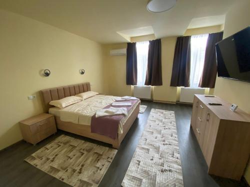 a bedroom with a bed and a flat screen tv at Apartamentele Liliacul in Sighetu Marmaţiei