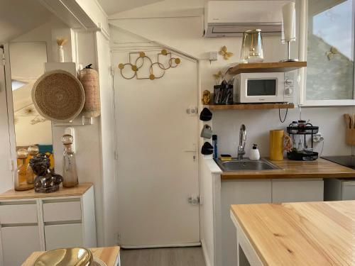 una piccola cucina con lavello e forno a microonde di Studio Harmonie a Montpellier