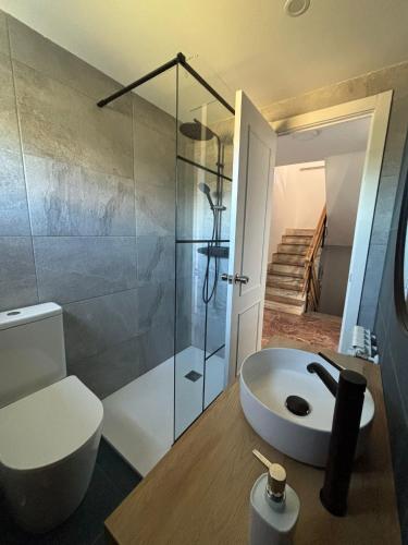 a bathroom with a sink and a toilet and a shower at Chancelas b in Combarro