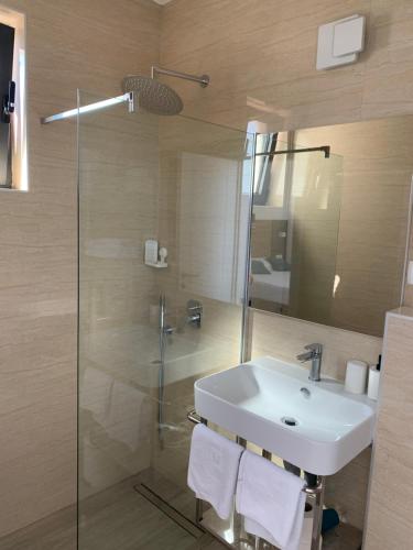 a bathroom with a sink and a glass shower at REZEVICI BOUTIQUE VILLA in Petrovac na Moru