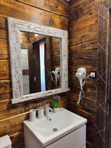 a bathroom with a sink and a mirror at Zrub House in Slavske
