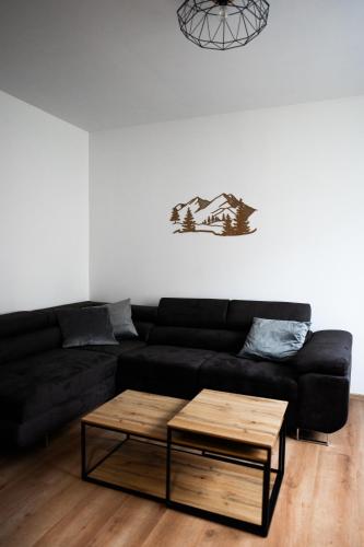 a living room with a black couch and a coffee table at Apartmán BeVi in Loučná nad Desnou