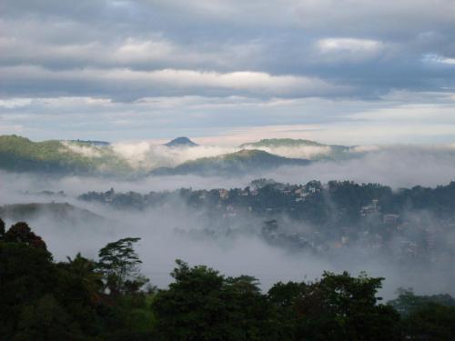 a misty valley with trees and clouds in the sky at The Theva Residency in Kandy