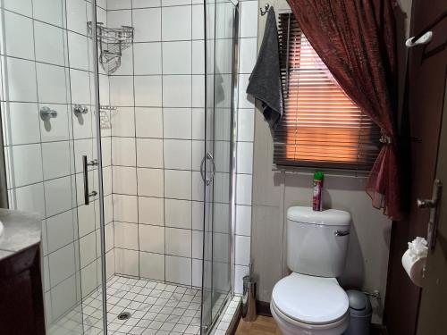 a bathroom with a shower and a toilet at Moz Inn - Coconut View Resort in Lopes