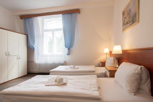 a hotel room with two beds and a window at Villa Dagmar in Luhačovice