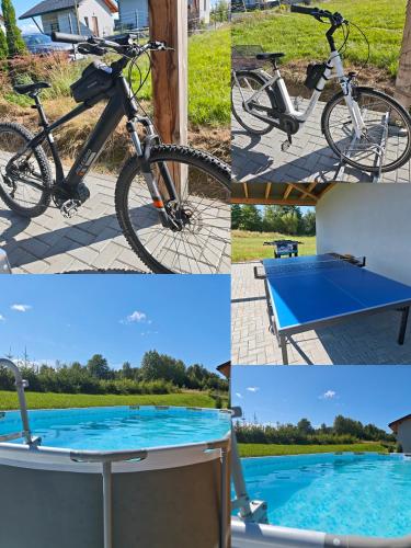 a collage of photos with a bike and a table at Dom na wzgórzu in Ustrzyki Dolne