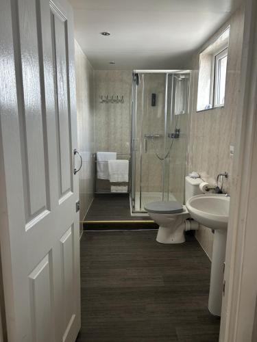 a bathroom with a shower and a toilet and a sink at Royal Albion Walton in Walton-on-the-Naze